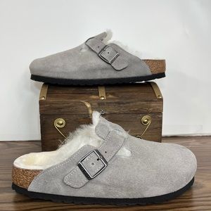 BIRKENSTOCK WOMENS BOSTON SHEARLING SUEDE CLOGS EU 39 US 8 STONE COIN NARROW